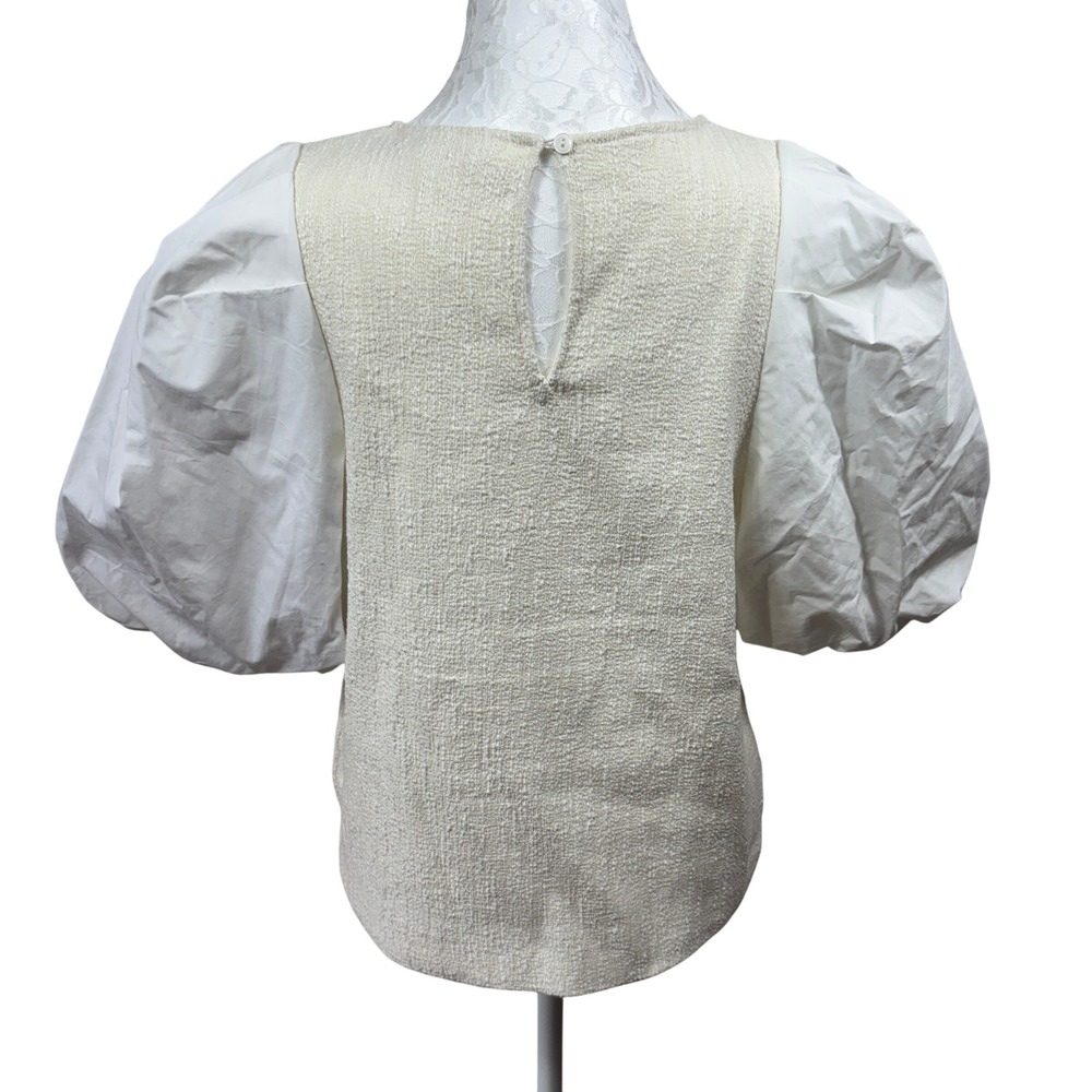 Anthropologie Cream White Boucle Knit Poplin Puff Sleeve Top Blouse Women Medium - Picture 5 of 9